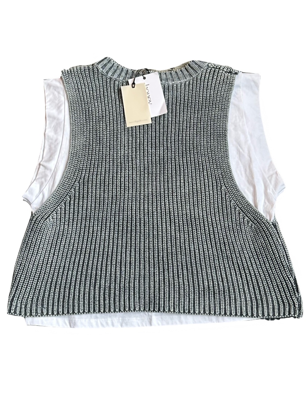 Elan Tabitha Layered Look Sweater Vest Top Cropped Grey Ribbed Knit Medium - Picture 2 of 3